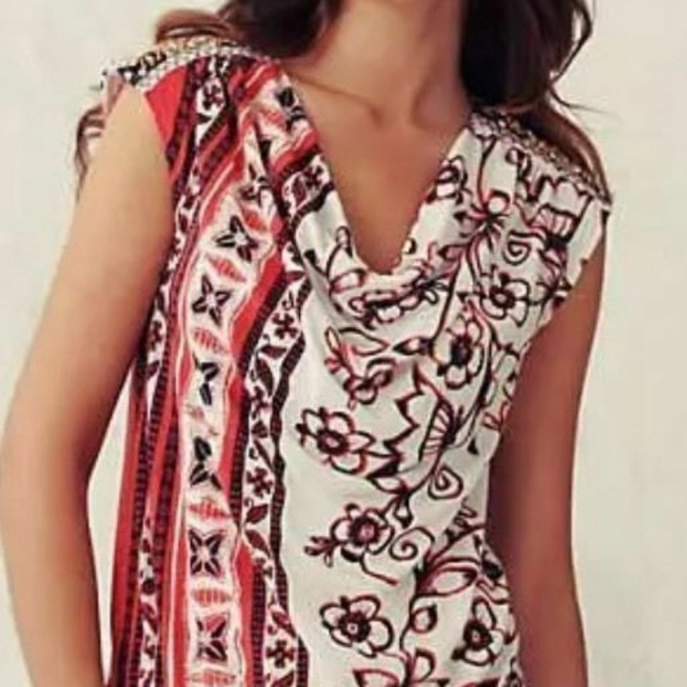 Anthropologie Pergola Cowlneck Top Floral Beaded Tee By C Keer